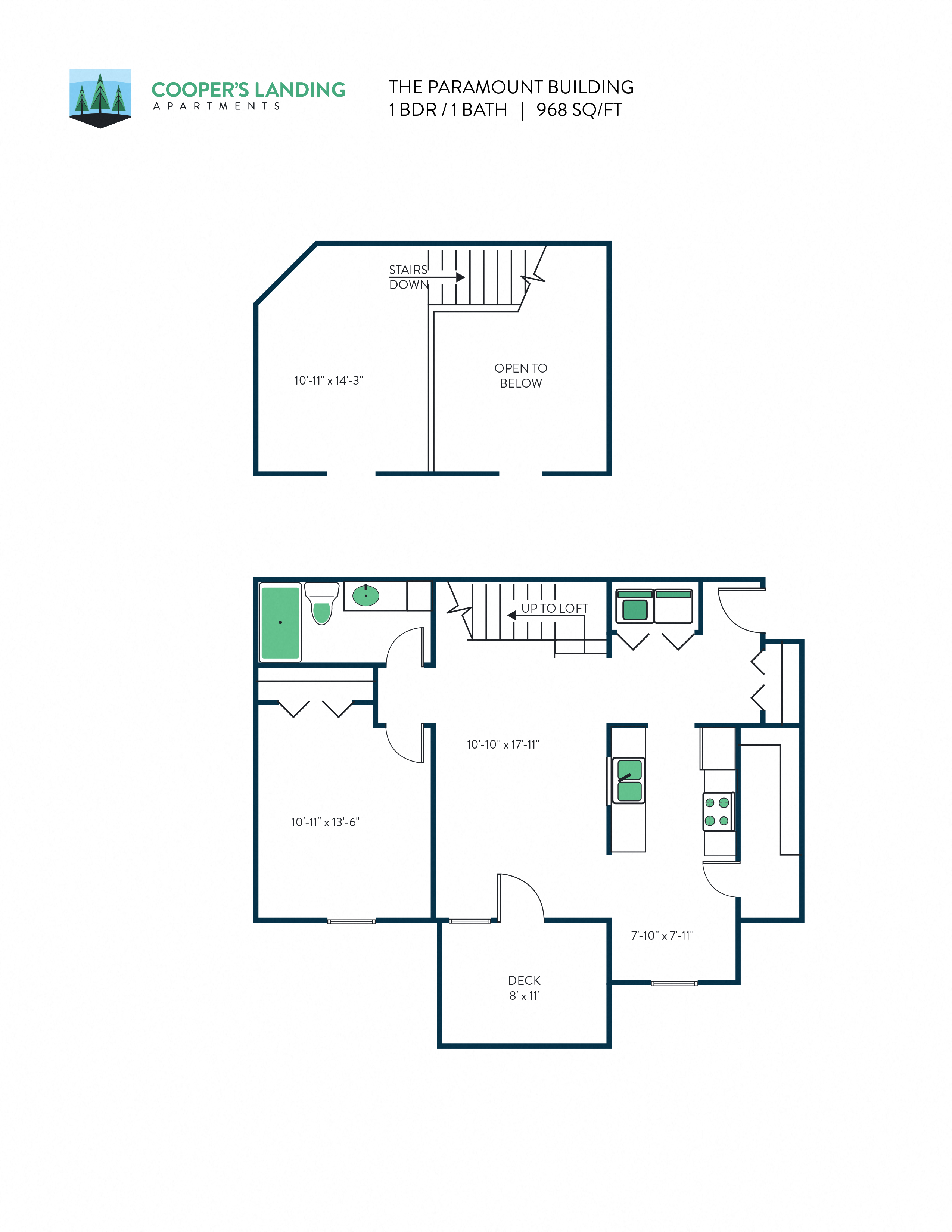 Floor plan for 1 bed, 1 bath, 968 sqft